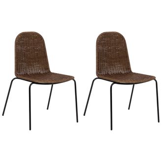 Beliani Conjunto De 2 Sillas Patas De Hierro Respaldo Y Asiento De Rat&aacute;n Sin Reposabrazos Dise&ntilde;o Boho Marr&oacute;n Oscuro Roxton