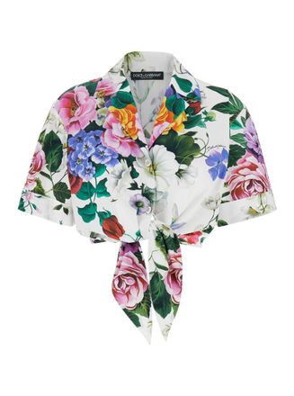 Dolce & Gabbana Multicolor Crop Shirt With All-Over Floral Motif And Logo Lettering Detail On The Front In Cotton Woman