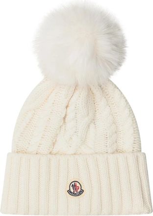 Moncler Witte wollen muts met grote bont pom-pom - Dames - Hoeden - Wit - ONE Size - Wol - Accessoires