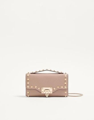 Valentino Garavani Portafoglio Con Catena Rockstud In Vitello Granato Donna POUDRE UNI
