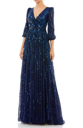 Mac Duggal Sequined Wrap Over 3/4 Sleeve Gown in Midnight at Nordstrom, Size 24