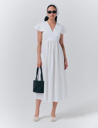 Ghost London Eloise V-Neck Cotton Midi Dress in White at Nordstrom, Size 16