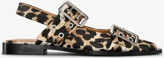 Ganni Feminine Buckle Ballerinas in Leopard Satin - Size 35 Mixed