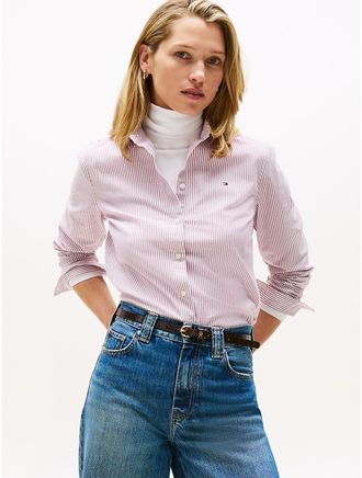 Tommy Hilfiger Womens Regular Fit Stripe Stretch Oxford Shirt - Pink - L