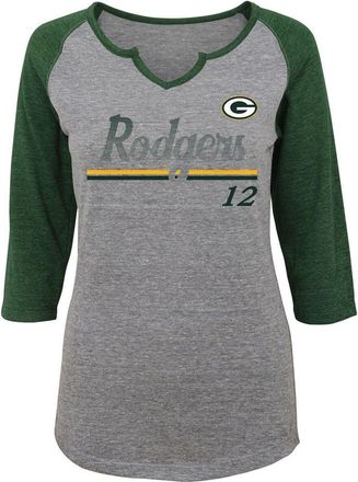 Outerstuff Womens Juniors Aaron Rodgers Heathered Gray/Green Green Bay Packers Over the Line Player Name & Number Tri-Blend 3/4-Sleeve V-Notch