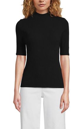 Lands End Elbow Sleeve Pointelle Rib Mock Neck in Black at Nordstrom, Size X-Large