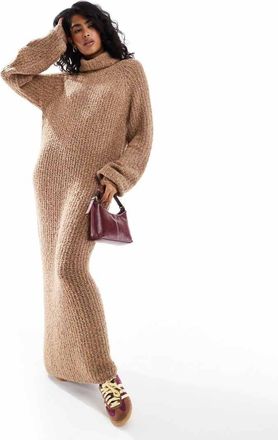 Native Youth Vestito lungo in maglia oversize color avena m&eacute;lange con maniche a palloncino-Neutro