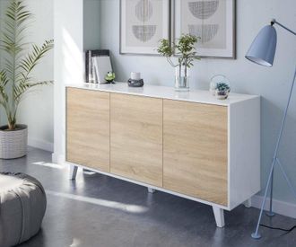Dmora Aparador Dacell, Aparador Moderno Con 3 Puertas Y Baldas, Buffet De Cocina, Buffet De Dise&ntilde;o De Sala De Estar, 154x40h75 Cm, Blanco Y Roble - Dmora