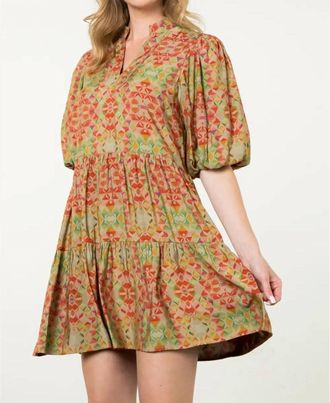 THML Clothing Puff Sleeve Print Dress In Orange/green