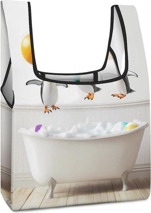 Generic Penguins Beach House Bath Reusable Shopping Bags Lightweight Foldable Grocery Bag Polyester Washable Tote Bag