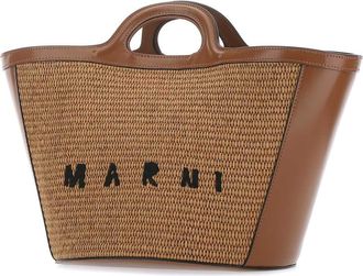Marni Womens Two-Tone Leather And Raffia Handbag Brown Body Cotton Polyamide