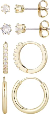 Adornia 14K Plated CZ Hoop & Solitaire Stud Earrings Set