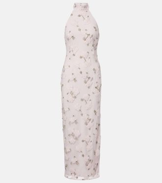 Rotate Floral embroidered halterneck midi dress