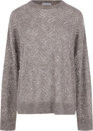Brunello Cucinelli Trui met pailletten en open breisel - Dames - Ronde hals truien - Grijs - 2XS - Pailletten - Truien & Vesten