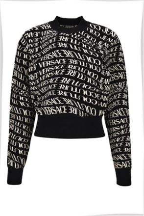 Versace Black Cropped Sweater With Contrast Logo Pattern