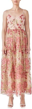 endless rose Floral Embroidered Tiered Maxi Dress in Pink at Nordstrom, Size Small