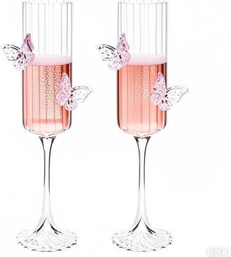 OEM 2 Copas De Champ&aacute;n 3d Con Decoraci&oacute;n De Mariposa, Decoraci&oacute;n De Mariposa Rosa, Copa De Vino A Rayas, 4,3 X 24,3 Cm, Bares, Rosa Transparente