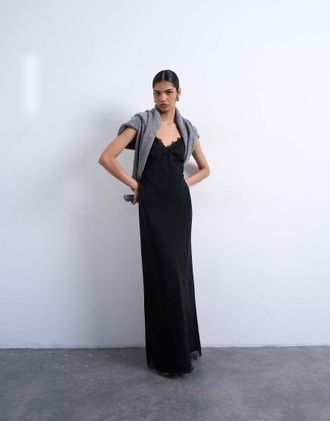 Topshop Vestito sottoveste midi in cupro con finiture in pizzo nero