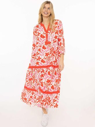 Zwillingsherz Maxikleid ZWILLINGSHERZ Flower, Damen, Gr. L/XL, N-Gr, rot, Obermaterial: 100% Viskose, Kleider Maxikleid, Florales Muster, Schriftzug, 3/4 Arm, Knopf