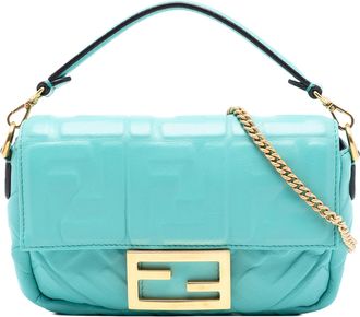 Fendi Pre-owned Womens Mini Zucca Embossed Leather Baguette Satchel - Turquoise - One Size