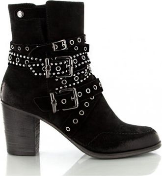 Twinset Zwarte Leren Enkellaarzen met Uniek Riemdetail - Dames - Laarzen met Hak - Zwart - 39 EU - Leer - Schoenen