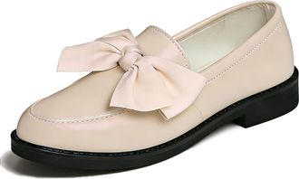 Generic Bow Loafers for Women Patent Penny Chunky Loafer Wide Width Elegant Casual Comfortable Dress Shoes for Work (Beige,7.5)