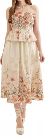 Entro Floral Strapless Midi Dress In Rose Multi