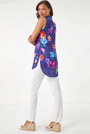 Roman Floral Leaf Print Longline Button Blouse