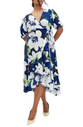 City Chic Bea Floral Midi Wrap Dress in Limelight Floral at Nordstrom Rack, Size 16W