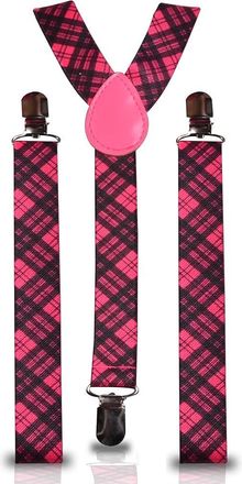 Generic Pink Plaid Tartan Punk 80s 90s Clip On Adjustable Suspenders Braces Fancy Dress Party Fashion Accessory