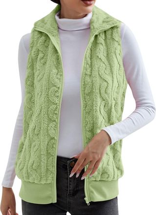 Generic Womens Vest Sleeveless Lace Up/Buttons Front Gilets Floral Embroidered Retro Ethnic Style Fuzzy Waistcoat Crop Outerwear Gilet Streetwear Green