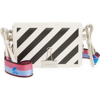Off-white Mini Diagonal Stripe Saffiano Leather Flap Bag in White Black at Nordstrom