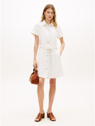 Tommy Hilfiger Womens Belted White Denim Shirtdress - White - 10