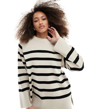 Object knitted round neck sweater in cream mono stripe-Multi