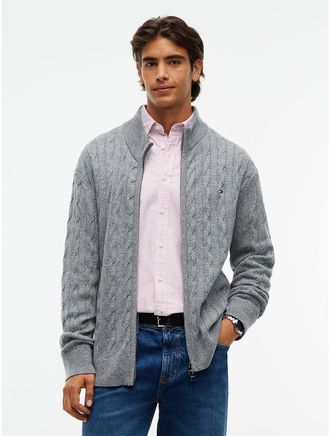 Tommy Hilfiger Mens Cable Knit Lambswool Zip Cardigan - Grey Heather - L
