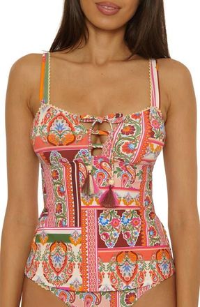 Lucky Brand Verona Pom Trim Tankini Top in Pink Multi at Nordstrom, Size Medium