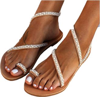 Generic Pearl and Rhinestone Flat Sandals for Women Elegant Open Toe Summer Shoes Boho Dressy Beach Wedding Holiday Footwear Comfortable Cute Bride Bridesmaid