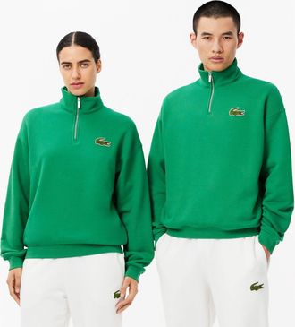 Lacoste Mens Loose Fit Zip Neck Badge Accent Sweatshirt in Green Cotton - Size X-Small
