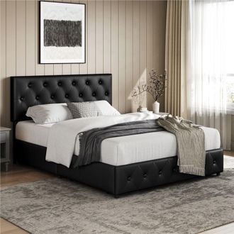 Yaheetech Yaheetech Cama Tapizado con Cabecero Ajustable en Altura 2 Cajones con Ruedas Espacio de Almacenamiento Cama Doble Matrimonial 140 x 200 cm Negro