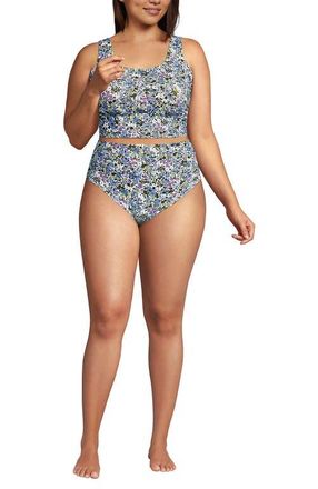 Lands End Plus Size Tugless Midkini Top and High Waisted Bottom Swimsuit Set in White/lilac Multi Ditsy Floral at Nordstrom, Size 2X