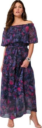 Roaman's Plus Size Chiffon Off The Shoulder Maxi Dress in Navy Petunia Floral at Nordstrom, Size 36