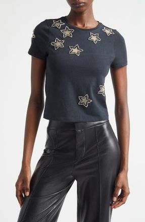 Alice & Olivia Cindy Embellished Star Cotton Crop T-Shirt in Black at Nordstrom, Size X-Small