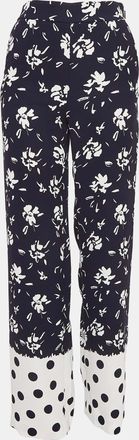 Carolina Herrera Blue Floral Printed Crepe Wide-Leg Pants