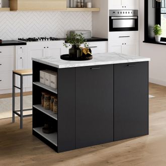 IDMarket Idmarket - Isla Central Tibo 120 Cm En Madera Negra Con Encimera Efecto M&aacute;rmol Alaska