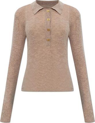 Ganni Geribbelde Polo Top met Lange Mouwen - Dames - V-hals truien - Bruin - M - Wol - Truien & Vesten