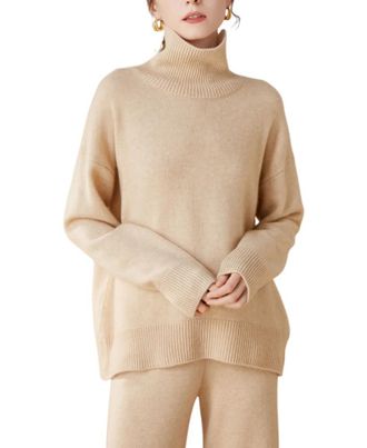 Dissa Women Cashmere Jumper Beige Stand Neck Sweater Long Sleeve Relaxed Cashmere Wool Thick Jumper Solid Color Ladies Sweater,One Size,ZSBR8306