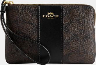 Coach Womens Corner Zip in Signature Canvas with Leather Stripe Bag - Beige - One Size