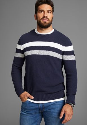 Man's World Rundhalspullover MANS WORLD Bis Gr&ouml;sse 5 XL, Herren, Gr. 4XL (68/70), blau (marine), Feinstrick, Obermaterial: 100% Baumwolle, meliert, normal, Rundha
