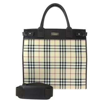 Burberry Beige Dark Brown Canvas Leather Shoulder Bag Tote Bag (Pre-Owned)