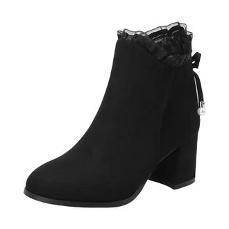 Generic Womens Elegant Ankle Boots Round Toe High Thick Heel With Side Zipper And Butterfly-Knot Accent Dressy Booties